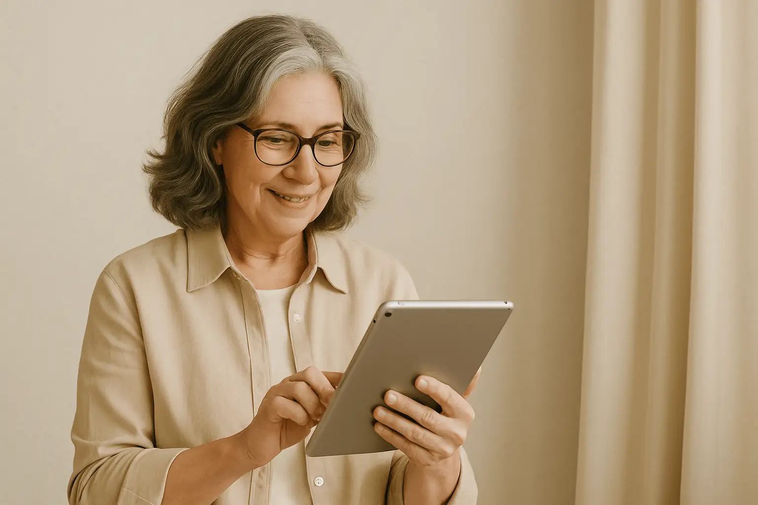 woman in her 60's using her tablet mobile decide to contact Eli80