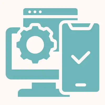 Green icon of a gear, mobile phone, computer and computer window representing tech support