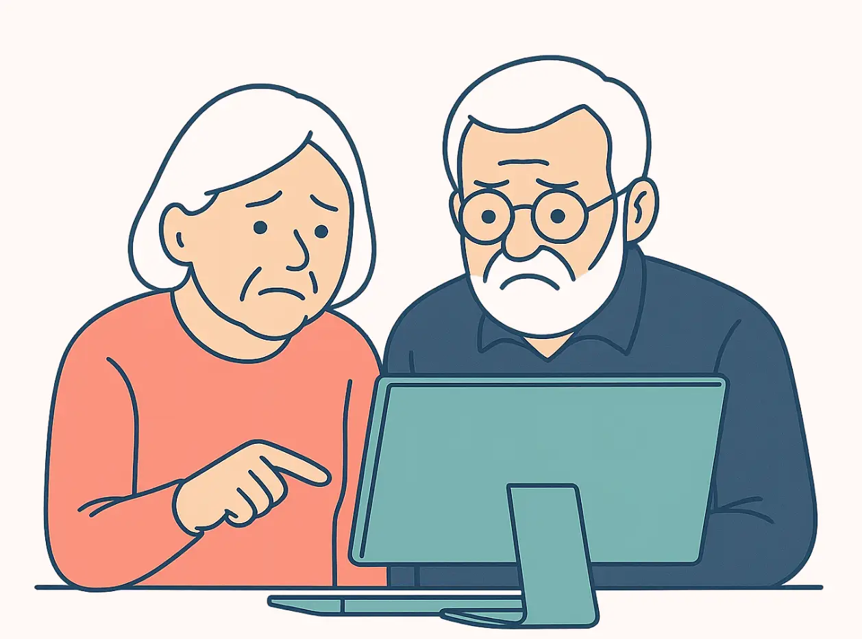 Illustration of an older man and woman smiling while using a laptop, representing tech confidence for seniors.