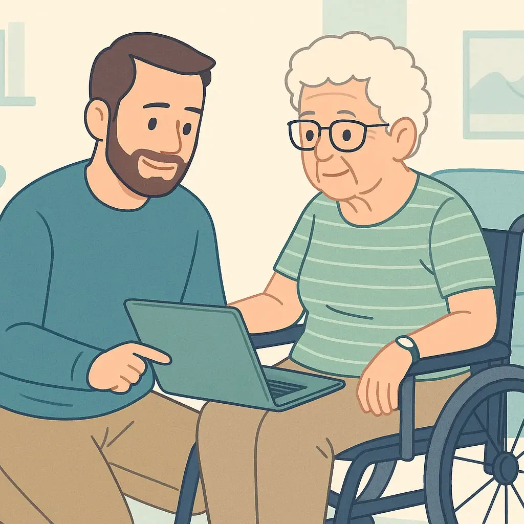 Illustration of a younger man assisting an older woman in a wheelchair using a laptop, representing tech and in-home support.