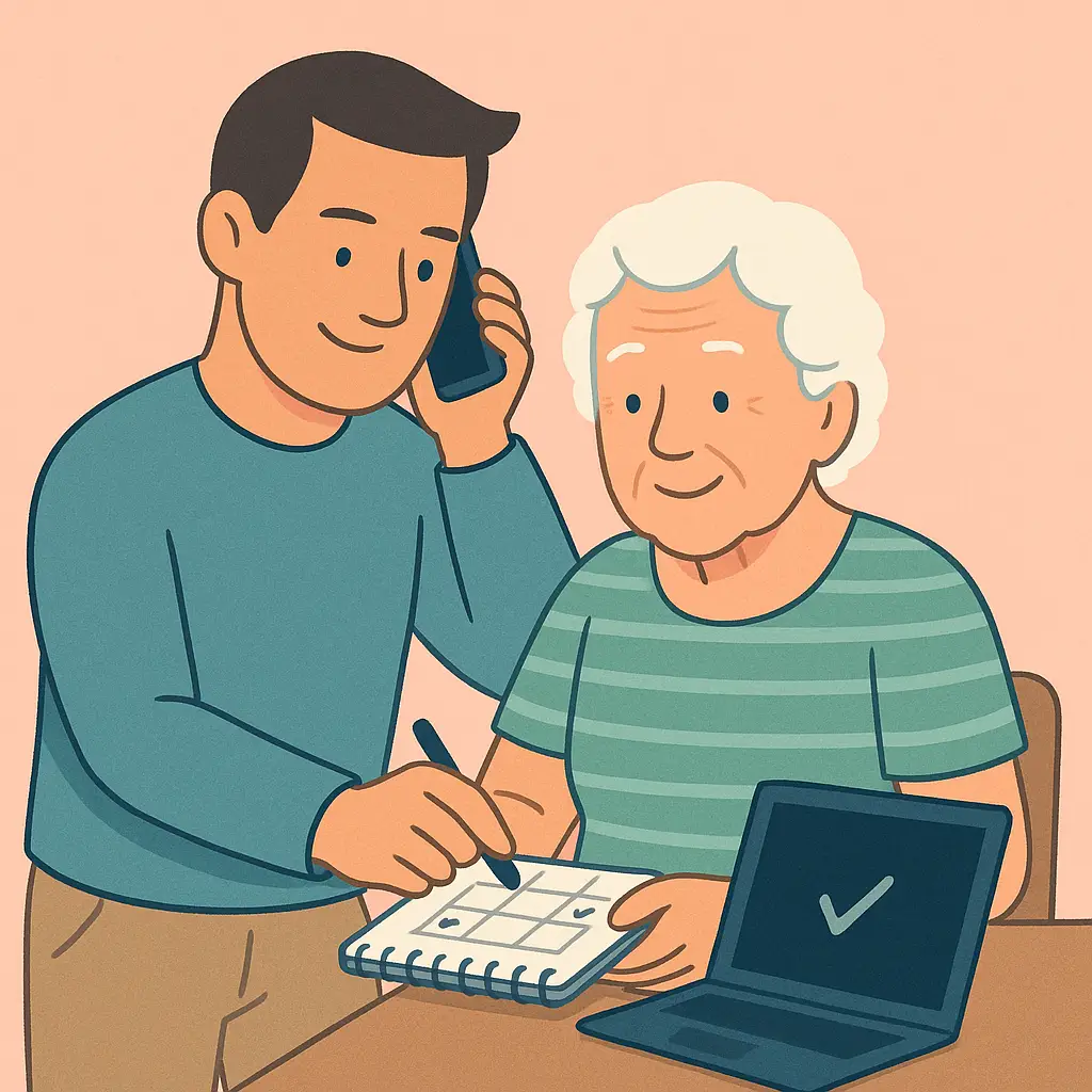 Illustration of a caregiver helping an older adult organize a weekly care schedule at a table, symbolizing Eli80’s Care Captain service for coordinated senior care and family support.